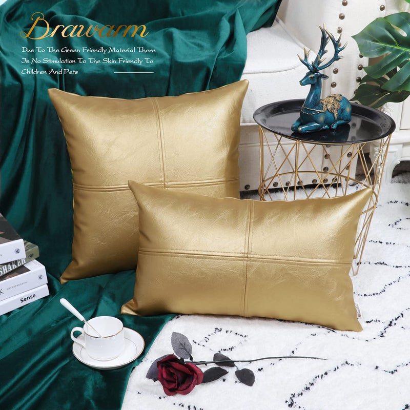 BRAWARM Faux Leather Throw Pillow Covers 12 X 20 Inches, Gold Leather Pillow Cover, Hand Stitched Leather Decorative Lumbar Pillow Cover for Couch Sofa Bed Living Room Home Garden - Image 4